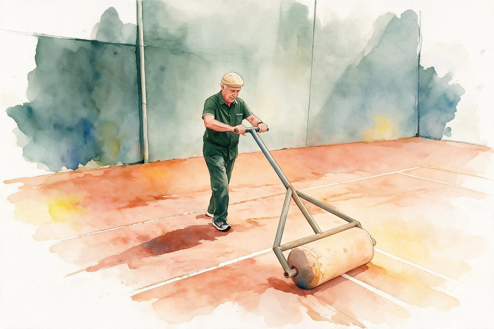Ilustração em aquarela de rolo compressor sobre o saibro
