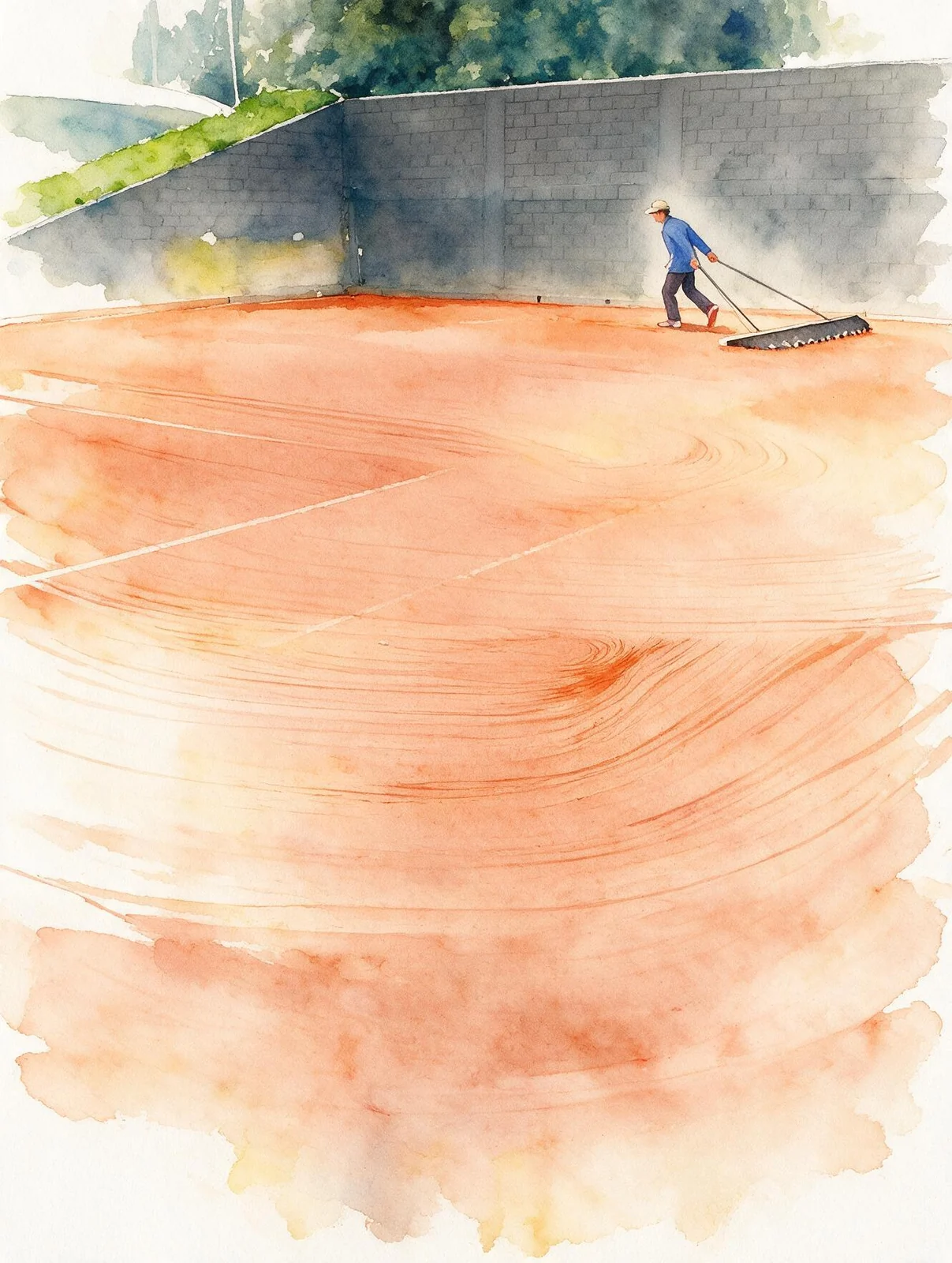 Ilustração em aquarela do saibro arrastado, com as marcas da vassoura de quadra